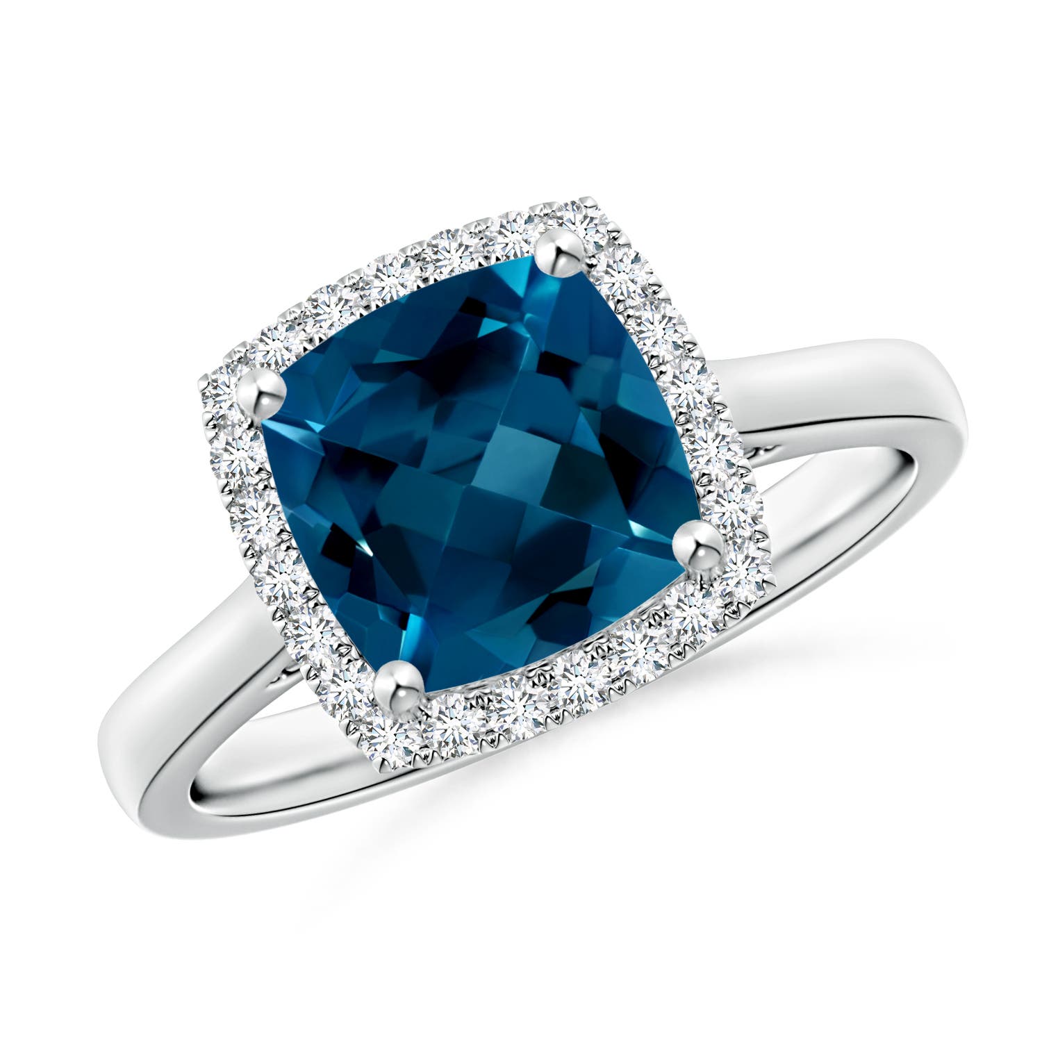 Angara 2.5 Carats Classic Cushion London Blue Topaz Halo Engagement Ring in Platinum