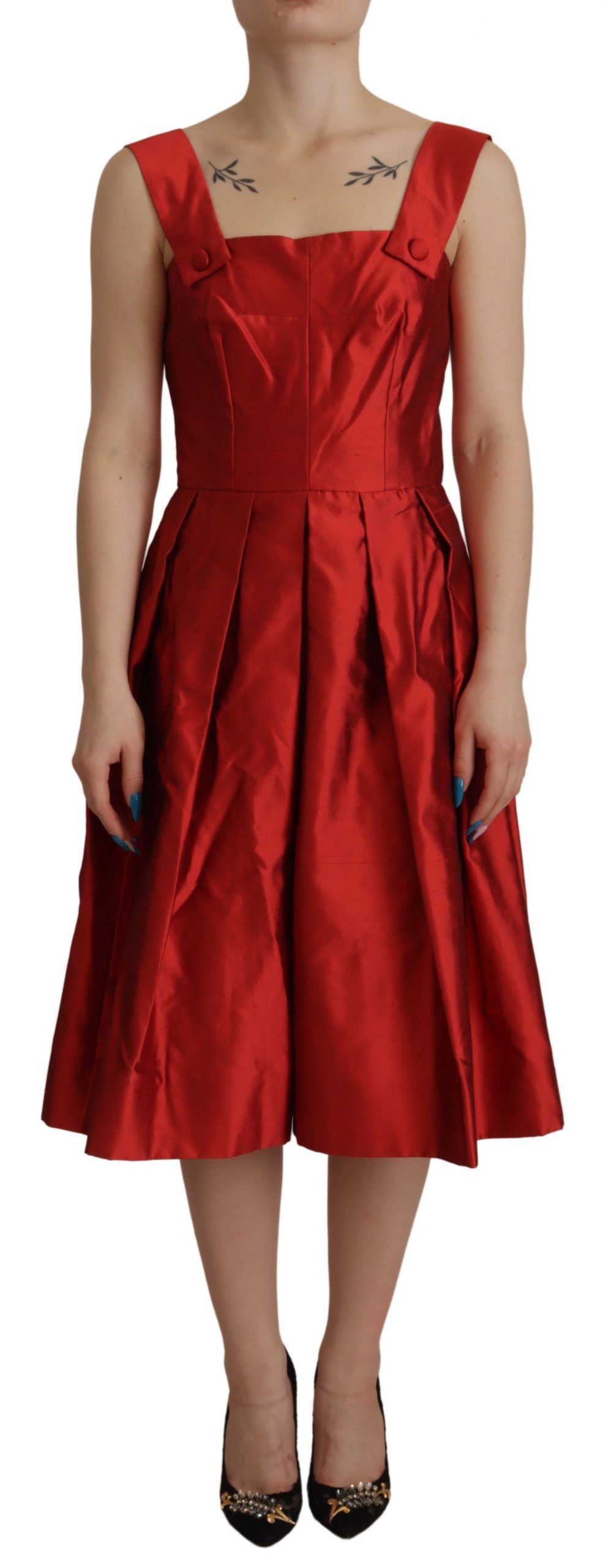 Pleated Silk A-Line Dress — Red