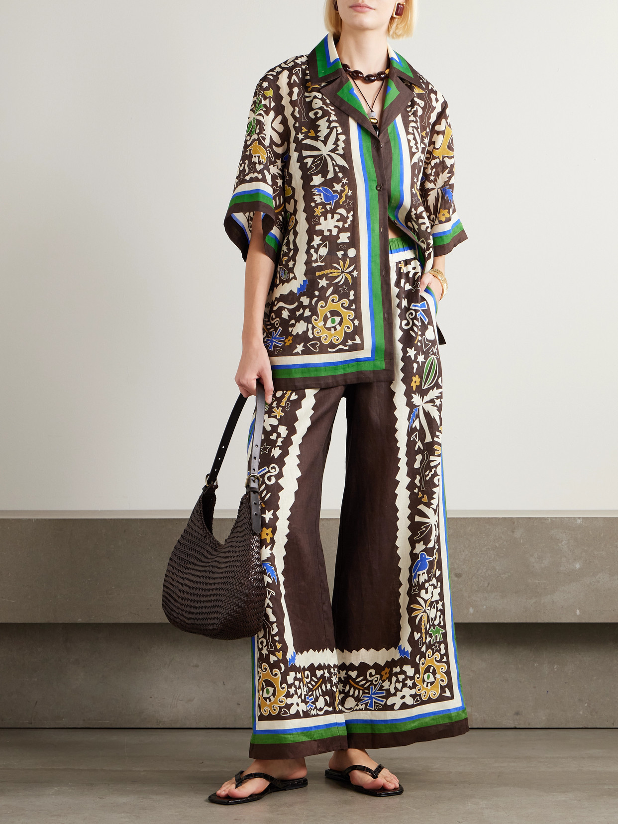 Printed Linen Wide-leg Pants - Brown