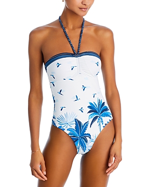 Tropical-print halterneck swimsuit - Dream Sky White