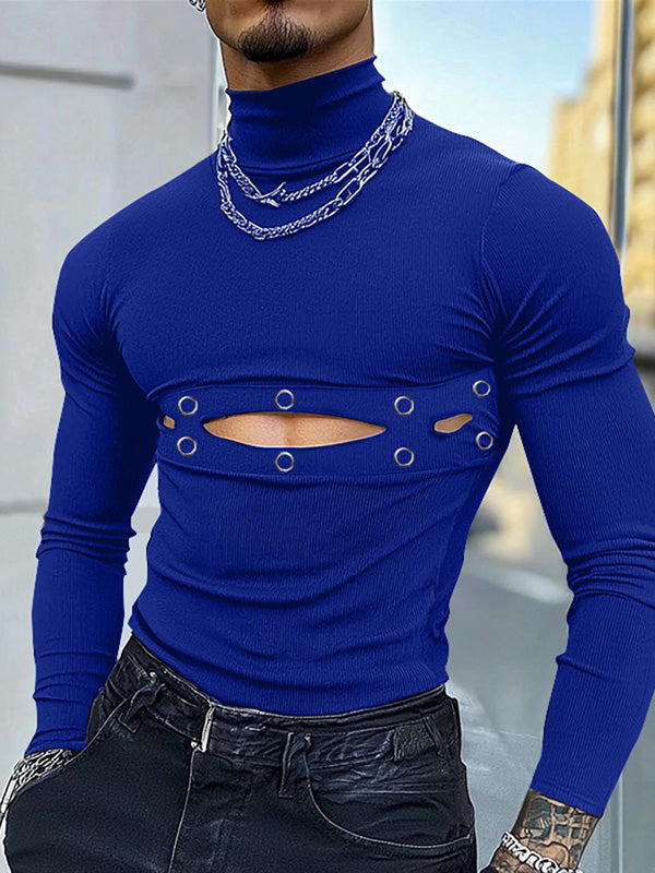 Mens Metal Button Hollow Out Long Sleeve T-Shirt SKUK84559 - Blue / S