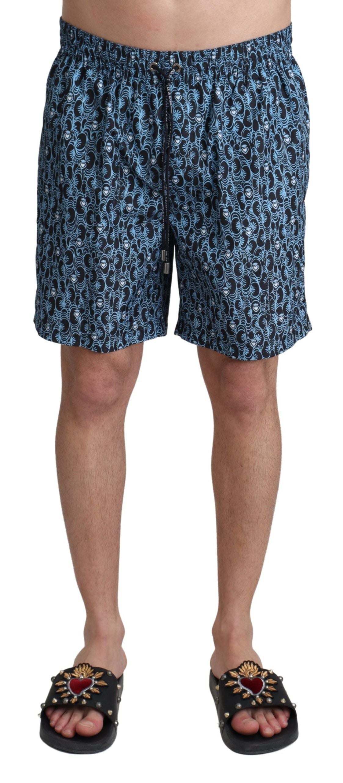 Patterned Print Polyester Swim Shorts — Blue