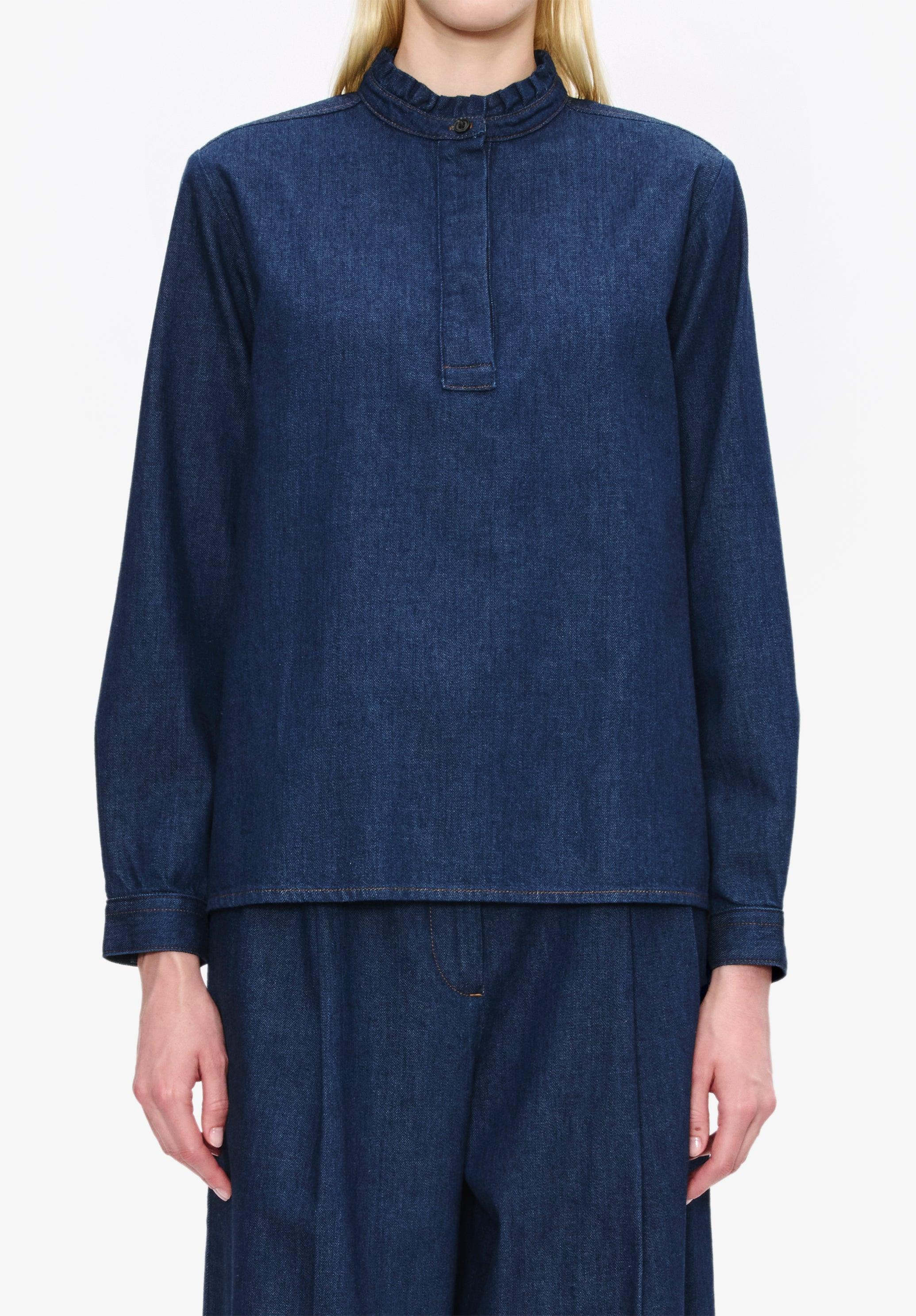 A. P.C. Women's Blouse with ruffled collar Size: 34 in Dark indigo