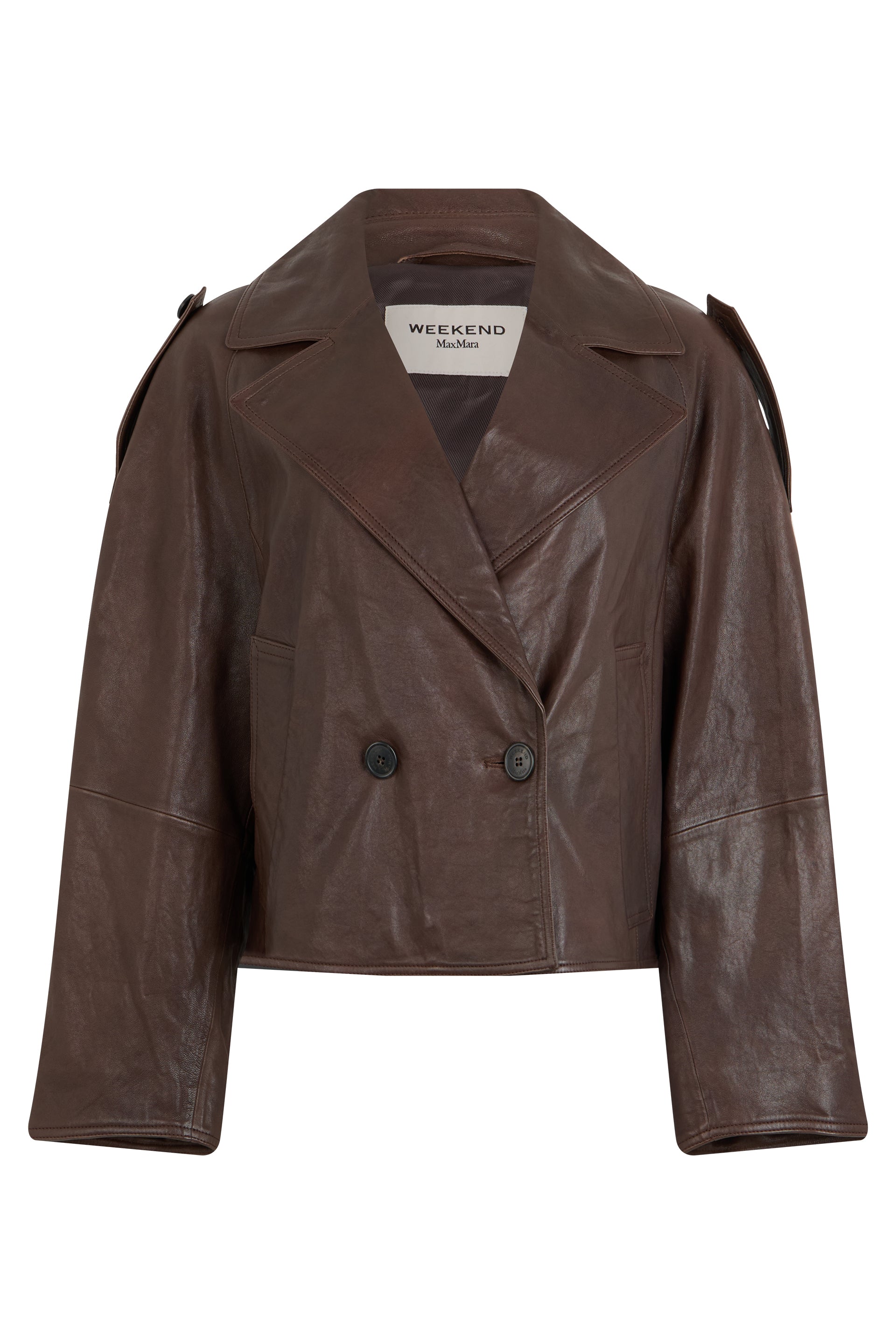 Short Double-Breasted Leather Jacket with Classic Collar