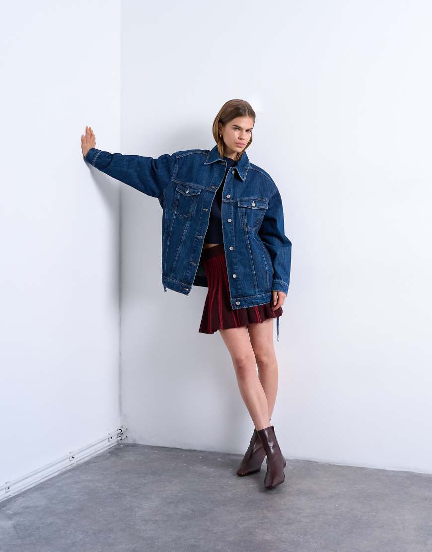 Denim oversized dad jacket with belt tie in indigo-Blue