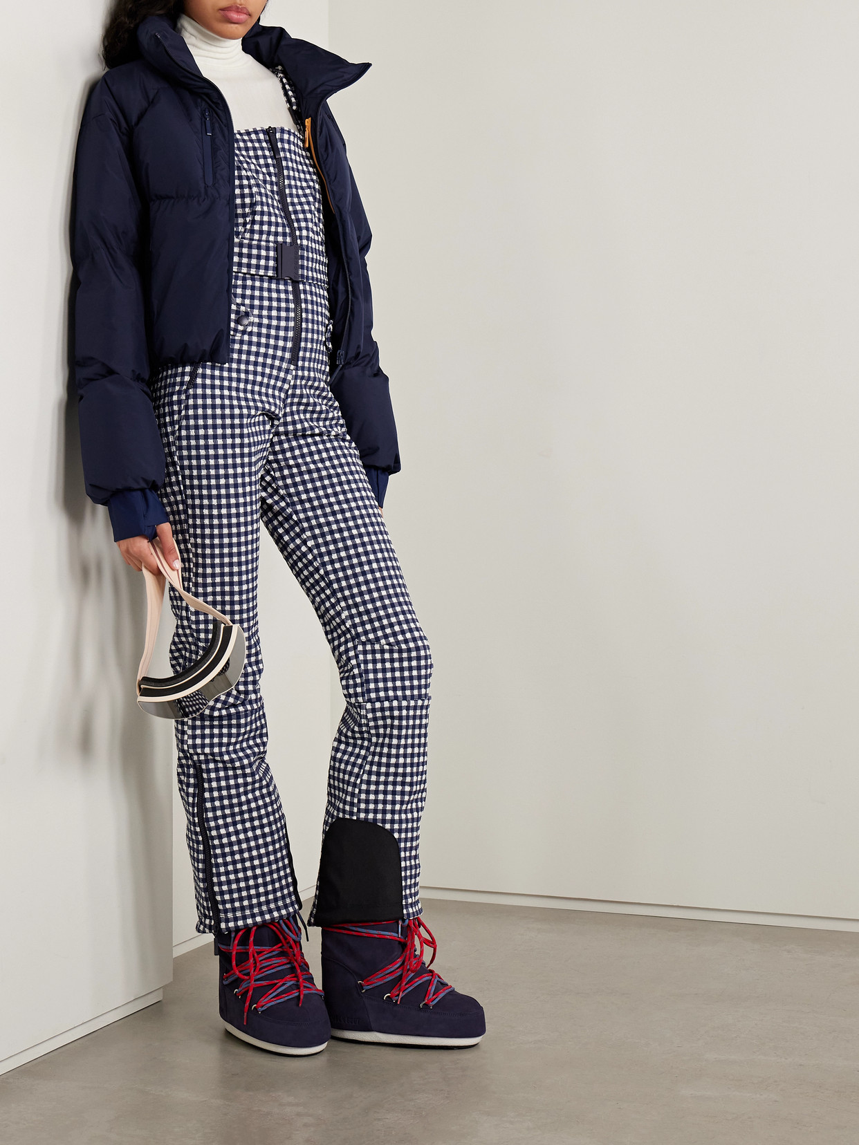 Fernie Belted Gingham Seersucker Ski Salopettes - Navy