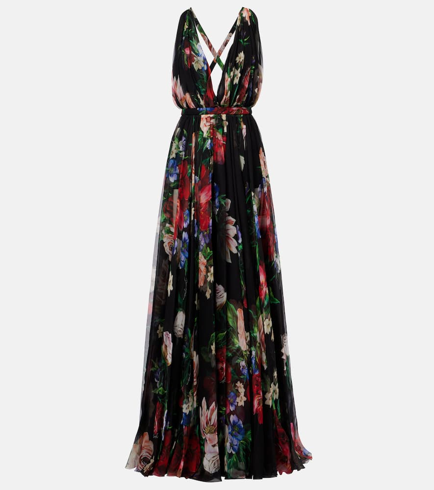 Floral pleated silk chiffon gown