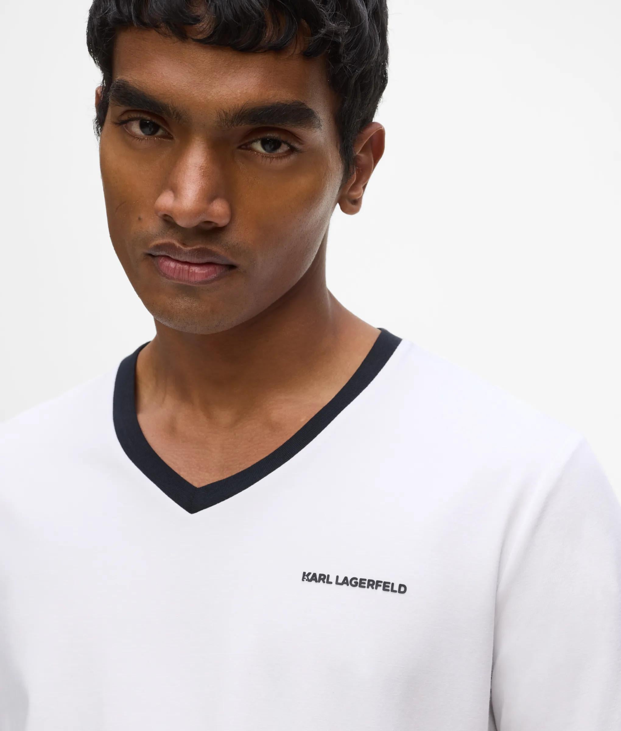 Karl Lagerfeld - Kontrast V-ausschnitt T-shirt, Herren, Weiss, Größe