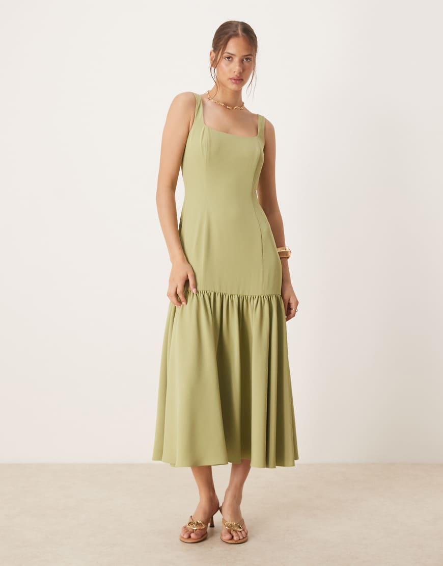 Drop hem midaxi dress in sage olive-Green