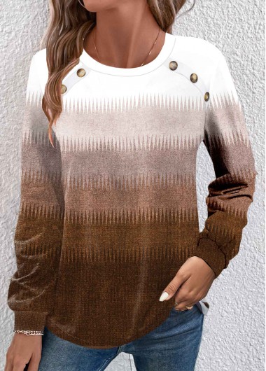 Modlily Dark Camel Button Ombre Long Sleeve T Shirt