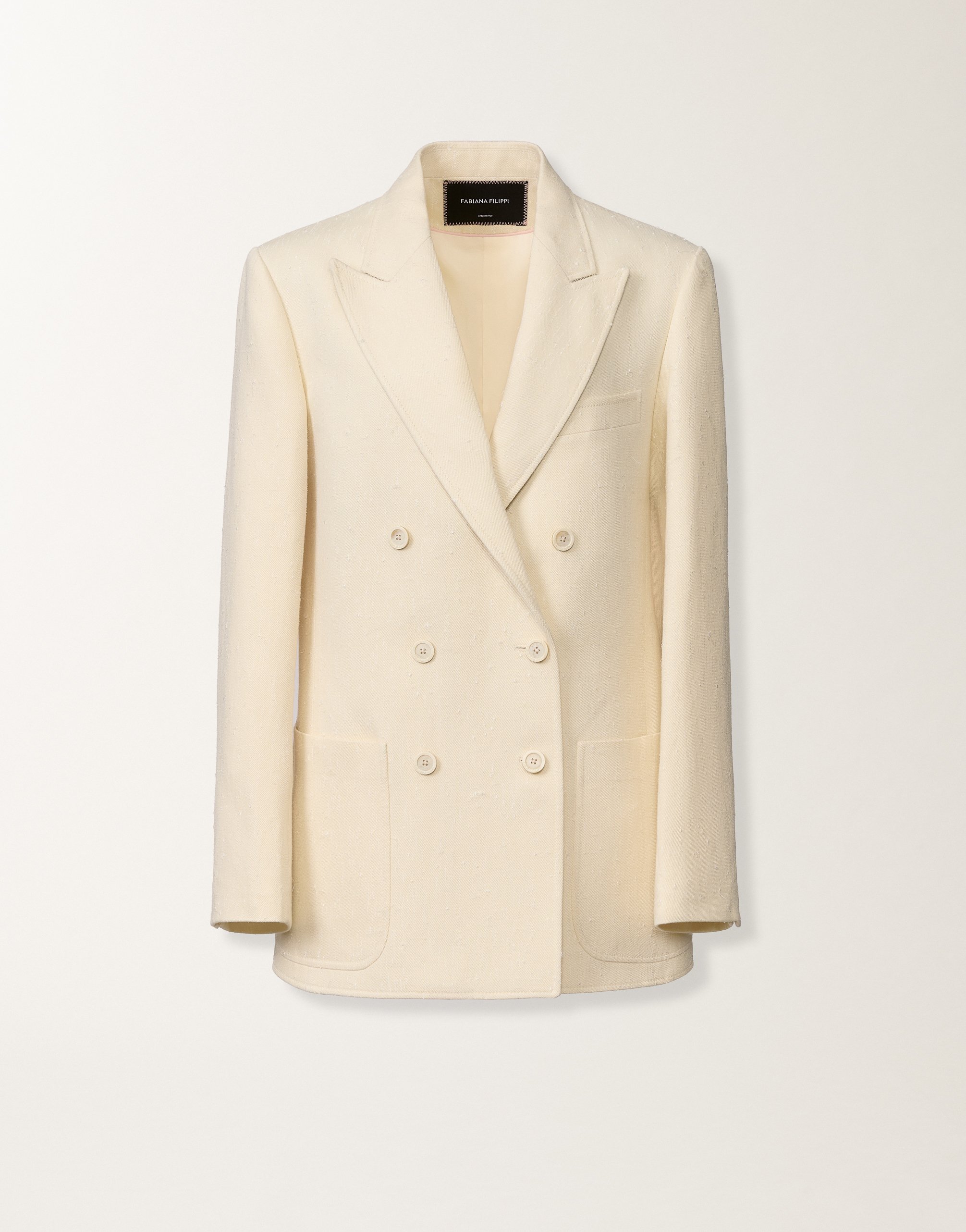 Double-breasted jacket in butter-colored fil coupé tailoring drop