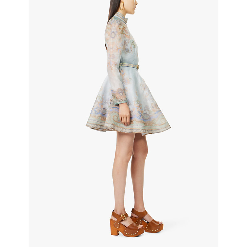 Womens Blue Paisley Eden Belted Flower-and-paisley-print Linen and Silk-blend Mini Dress 