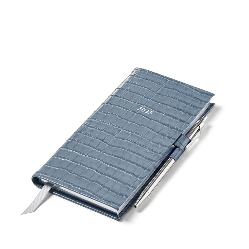 2025 Slim Pocket Leather Diary with Pen in Deep Shine Heritage Blue Small Croc