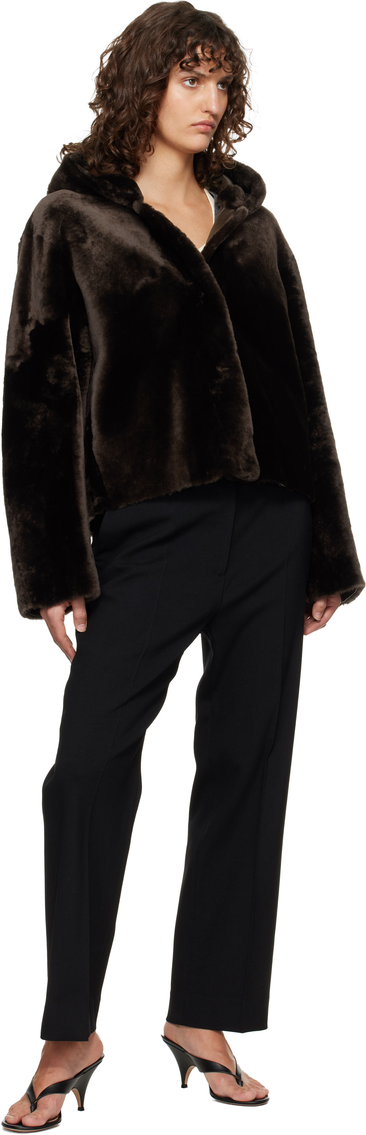Brown Cooper Hooded Curly Shearling Jacket
