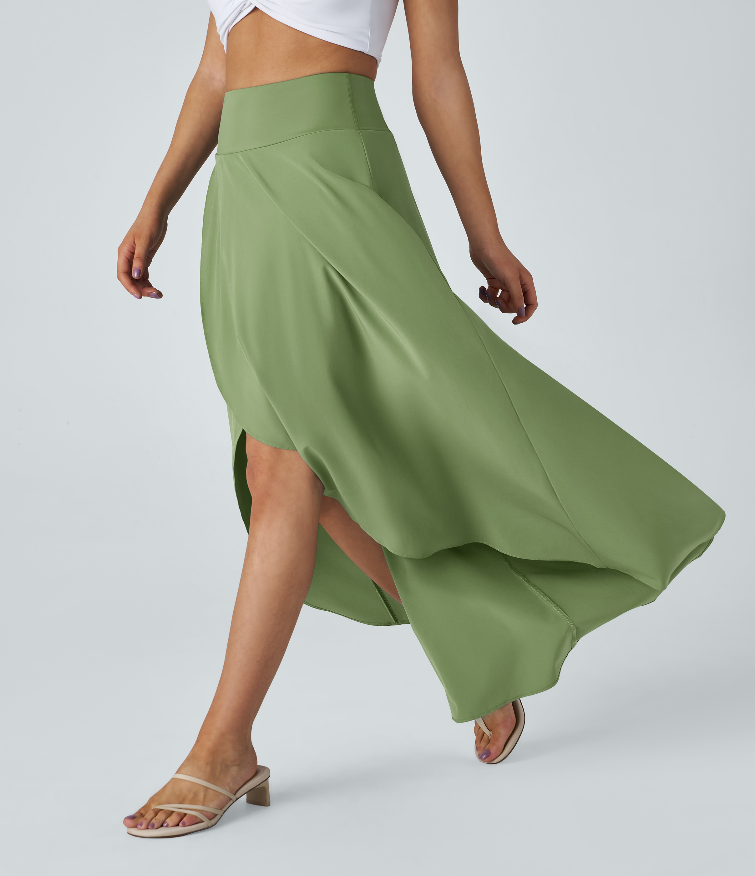 Breezeful™ High Waisted High Low Ruffle 2-in-1 Flowy Quick Dry Casual Regular Maxi Skirt  - Hot Wasabi - Green