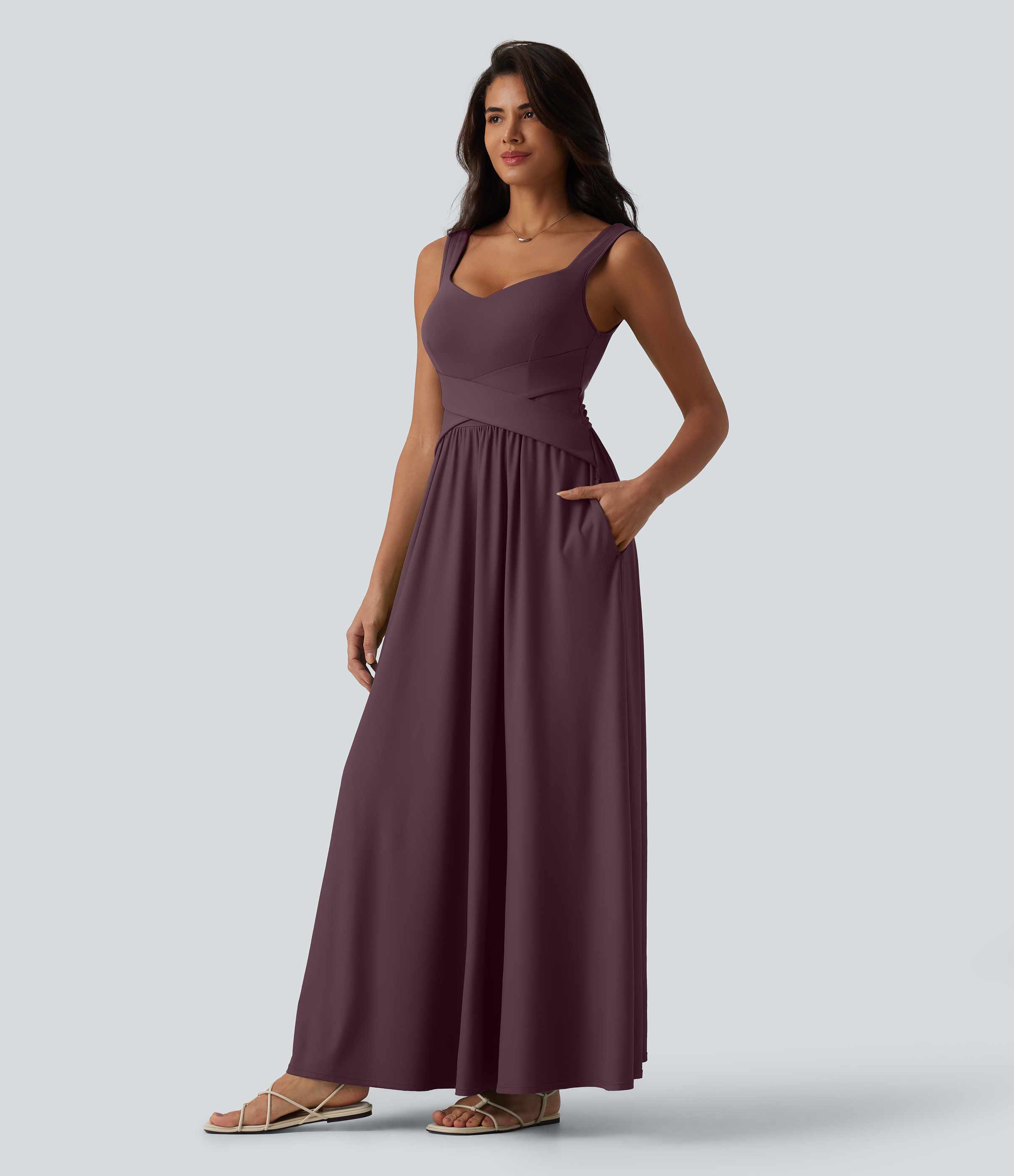 Built-in Bra Flowy Maxi Casual Dress with Pockets DD-F Casual Dress - Plum Wine