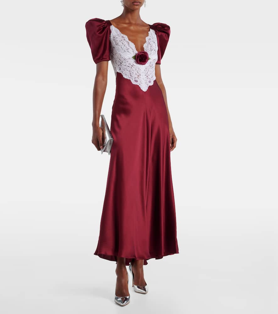 Floral-appliqué lace-trimmed silk gown