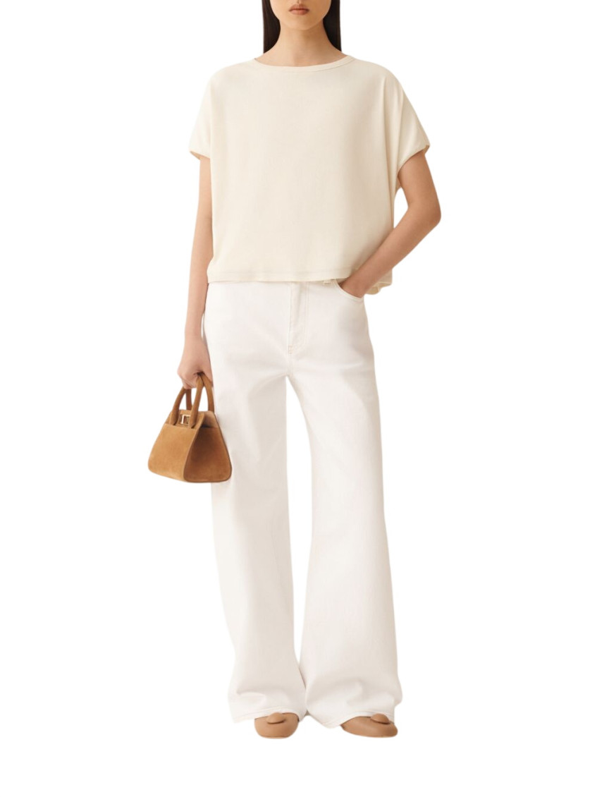 Ribbed Jersey T-Shirt With Knit Detail On Shoulder White Cotton Elastane - Women