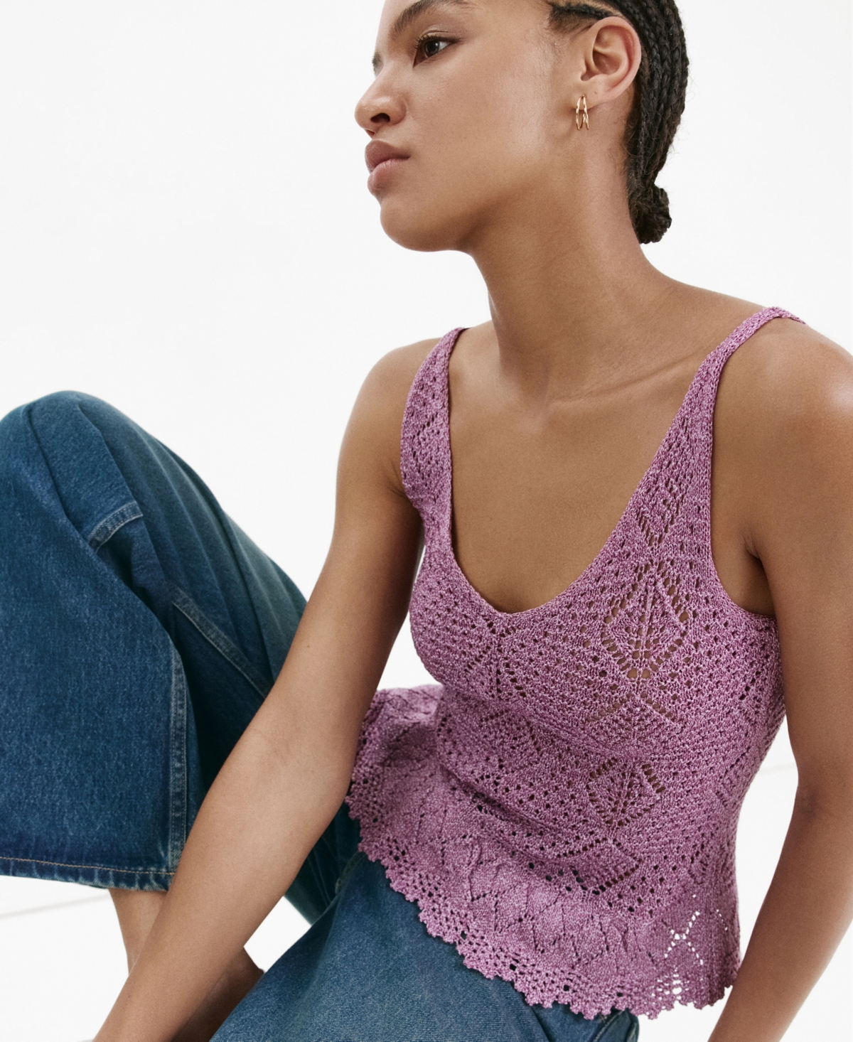 Women's Scalloped Ruffle Crocheted Lurex Top - Purple