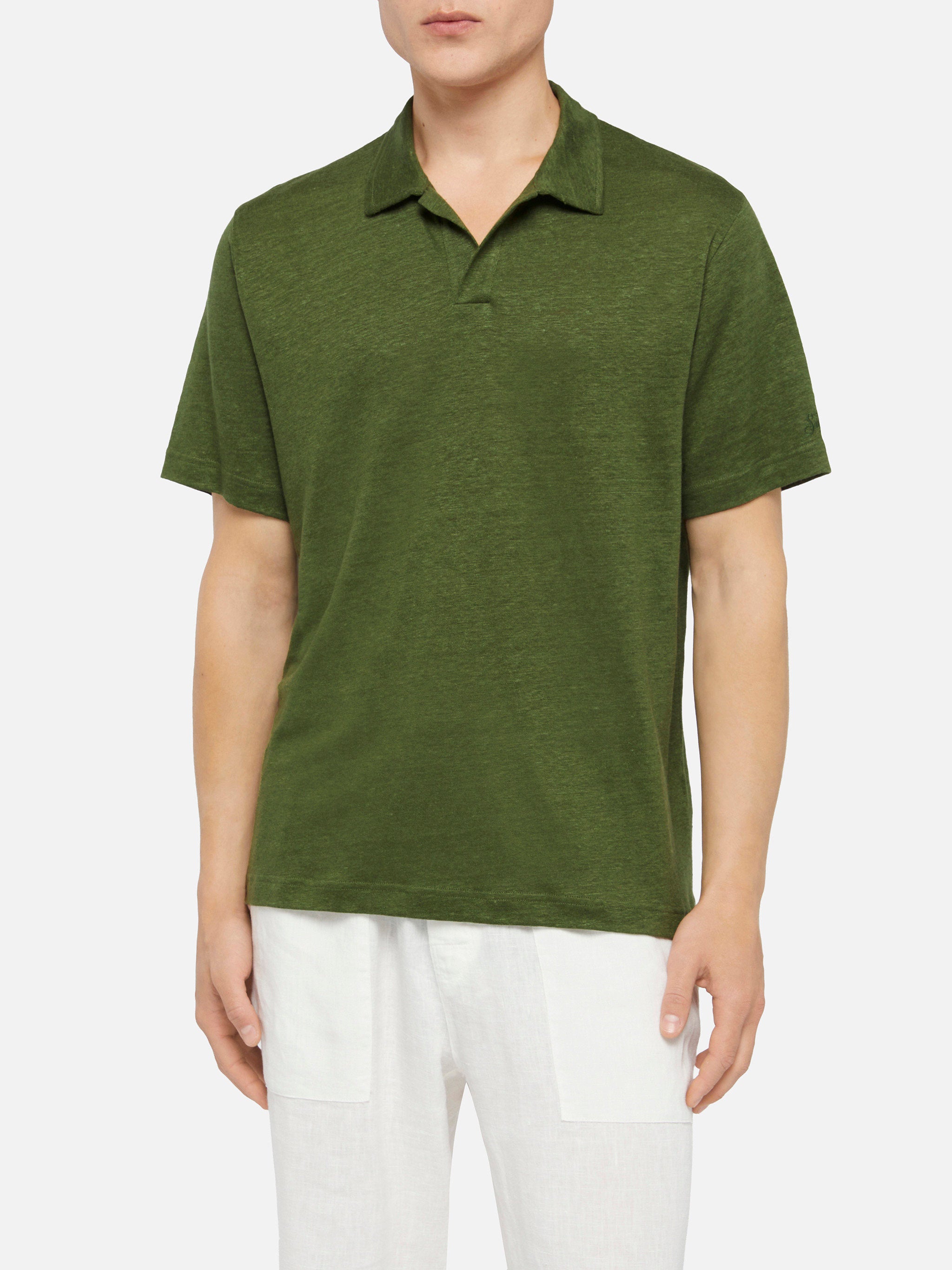 Military Green Linen Buttonless Polo Shirt Fraser - Men