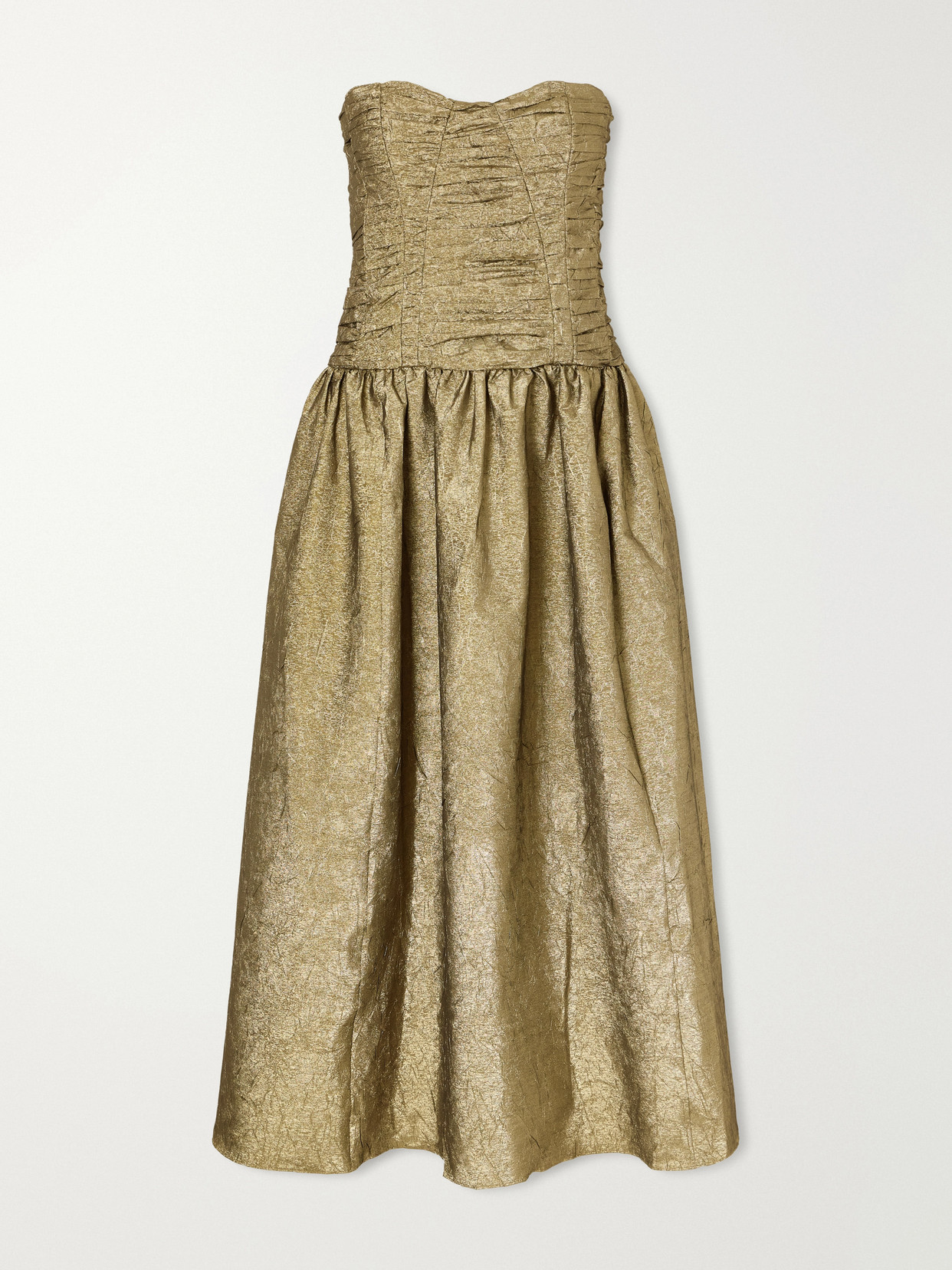 Lumina Strapless Gathered Crinkled Taffeta Midi Dress