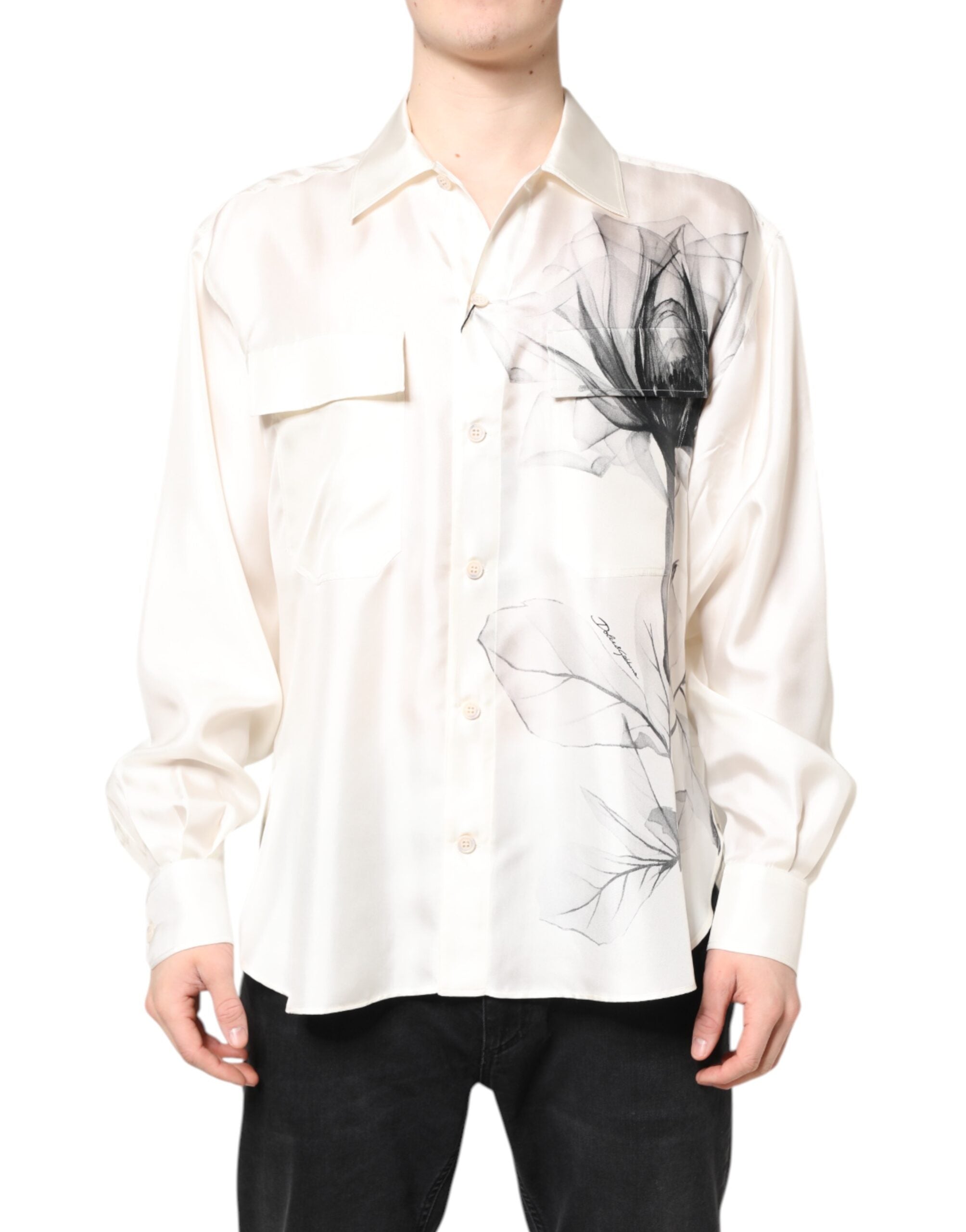 Silk Long-Sleeve Button-Down Shirt — White