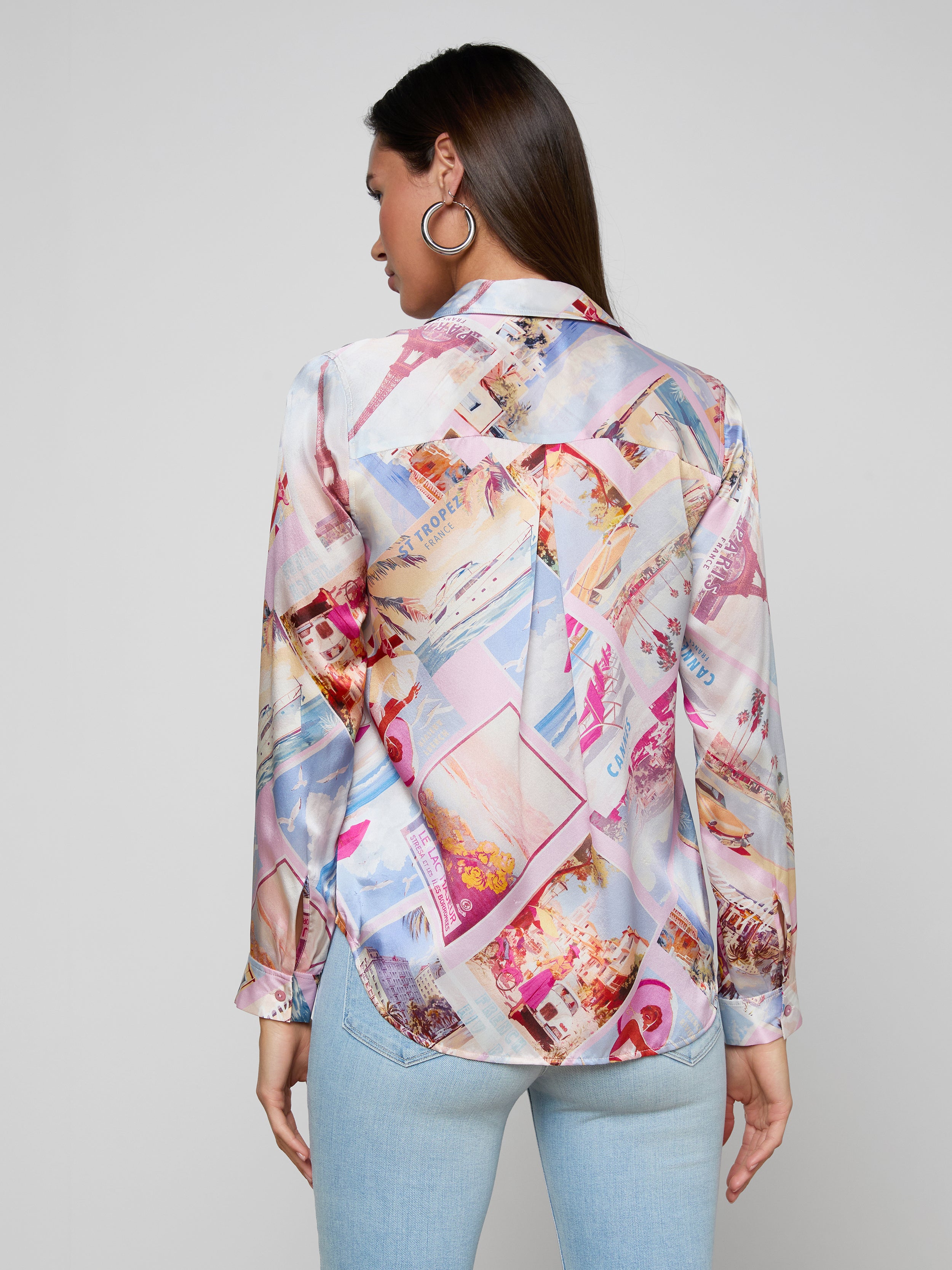 Tyler Silk Blouse Top In Light Pink Multi Large Postcard Print