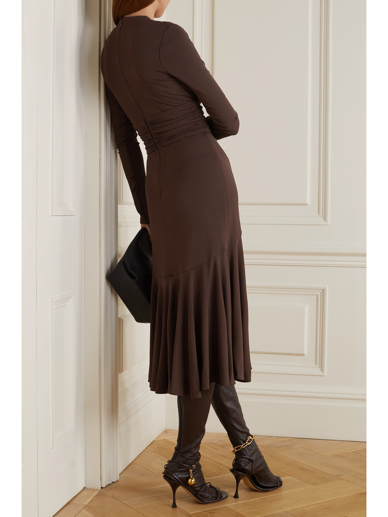 Ruched Stretch-jersey Midi Dress - Dark brown