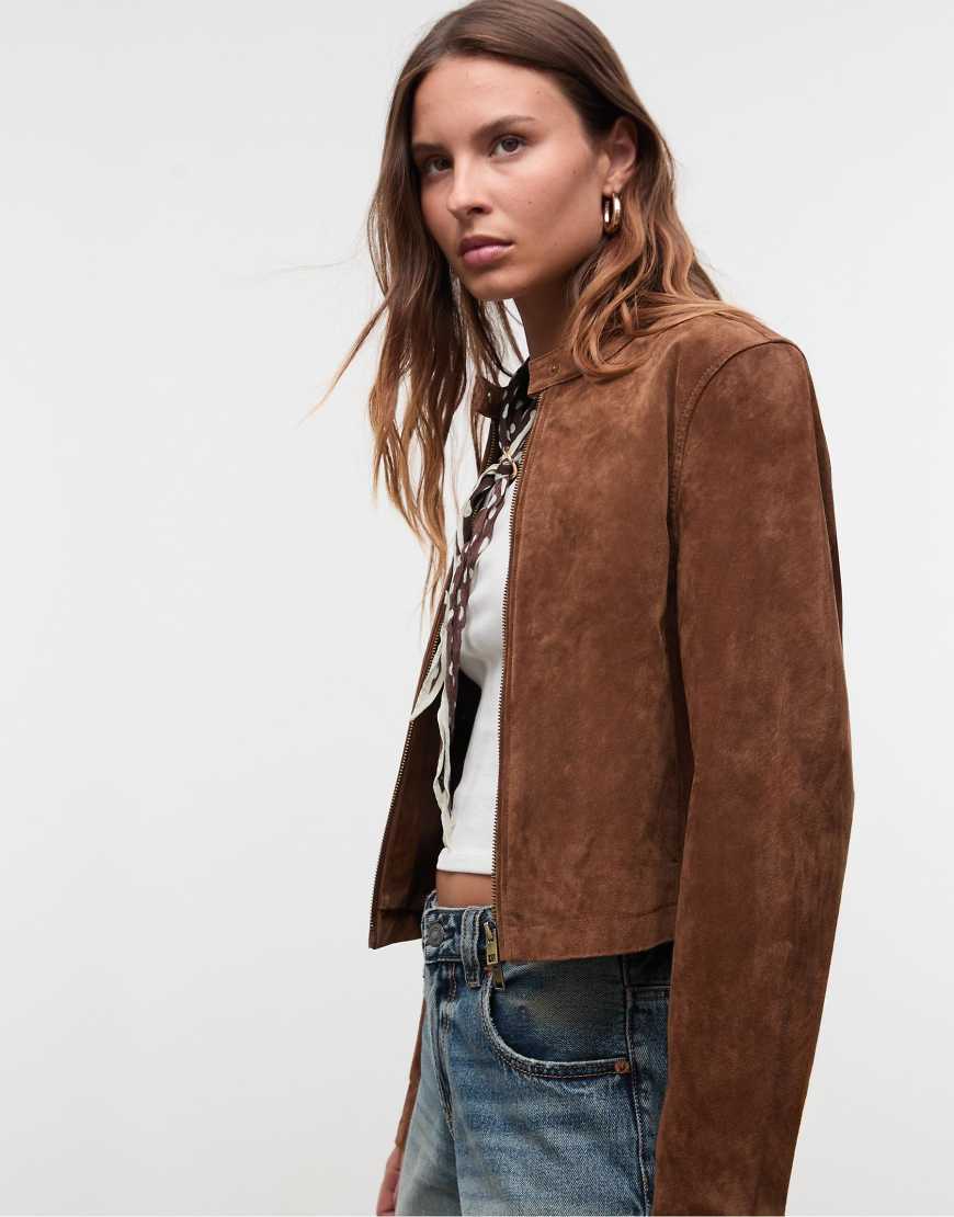 100% leather cropped jacket in brown