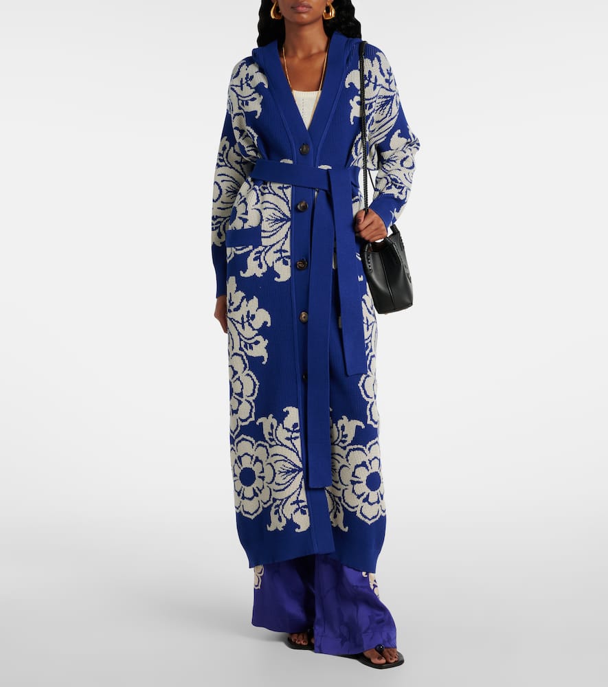 Floral waffle-knit hooded cardigan