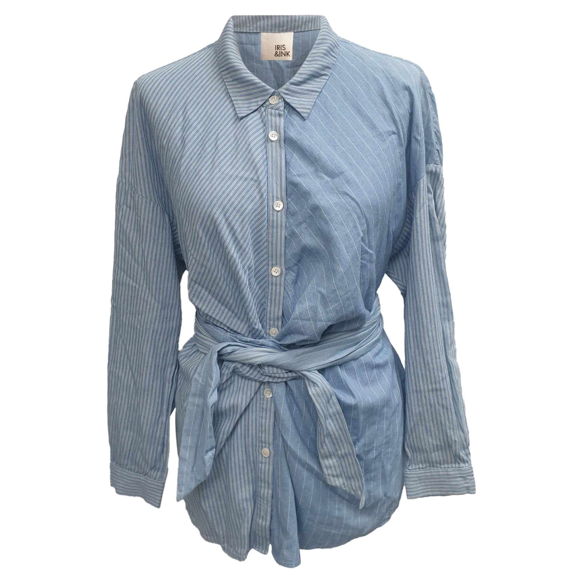Striped Button-Down Tie-Waist Shirt in Blue Cotton