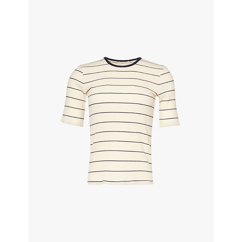 Womens Flaxen Stripe-pattern Round-neck Stretch-cotton T-shirt M