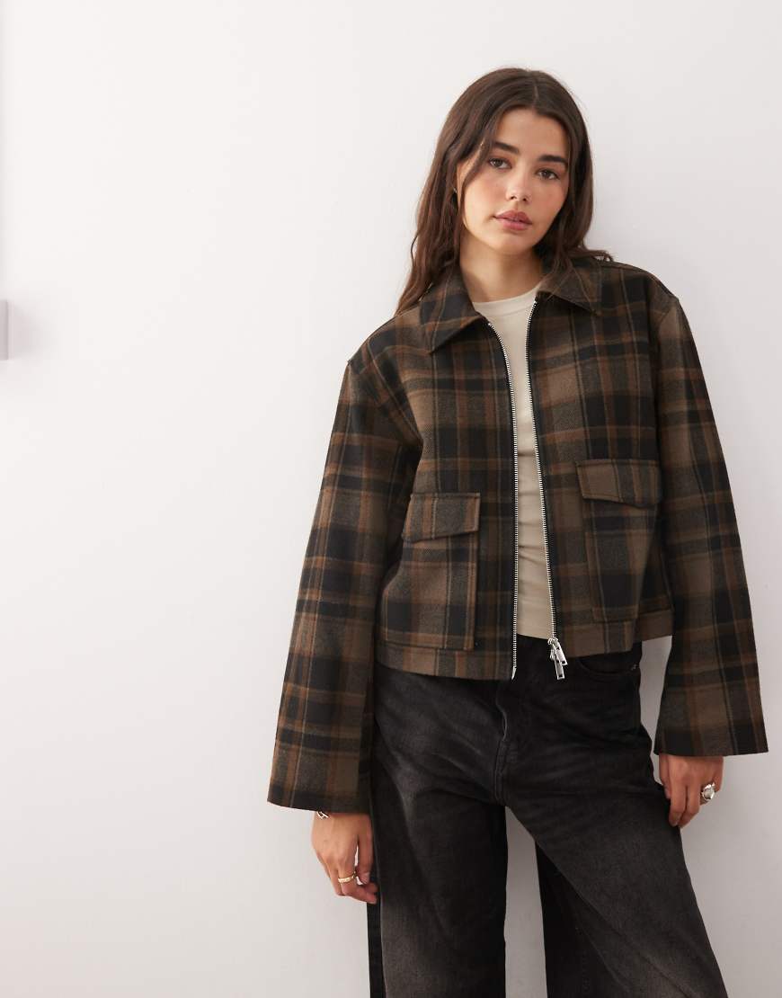 Short collared wool blend jacket in brown plaid