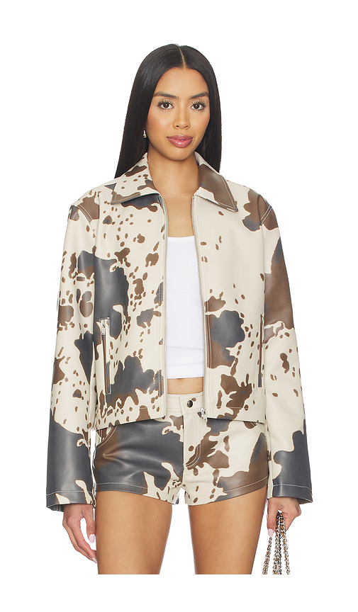 Superdown Clara Cow Print Jacket in Cream,Brown. L. Also in XXS, XS