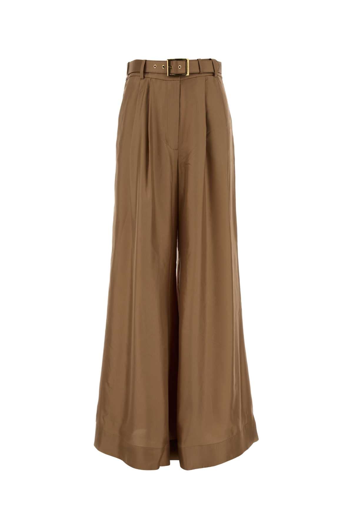 Silk Wide-Leg Trousers — Beige