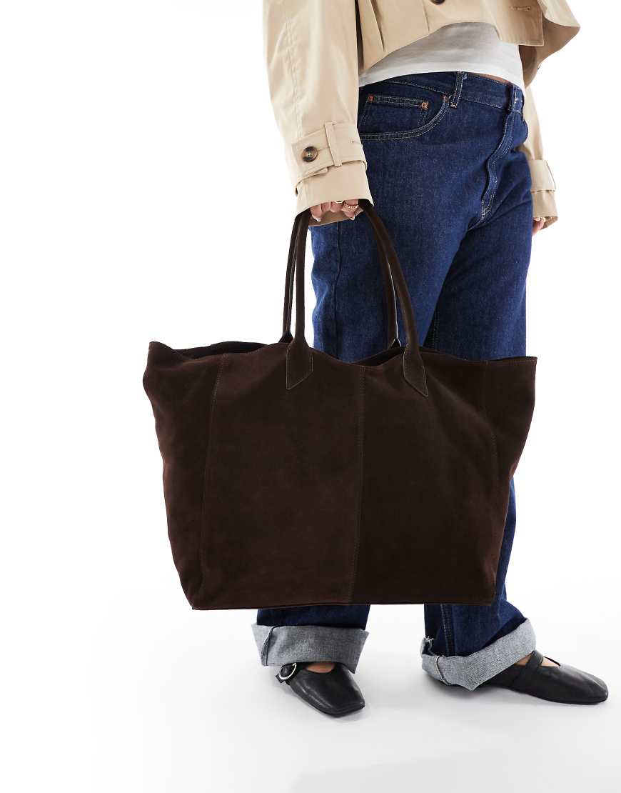 Premium suede bonded tote bag in chocolate-Brown