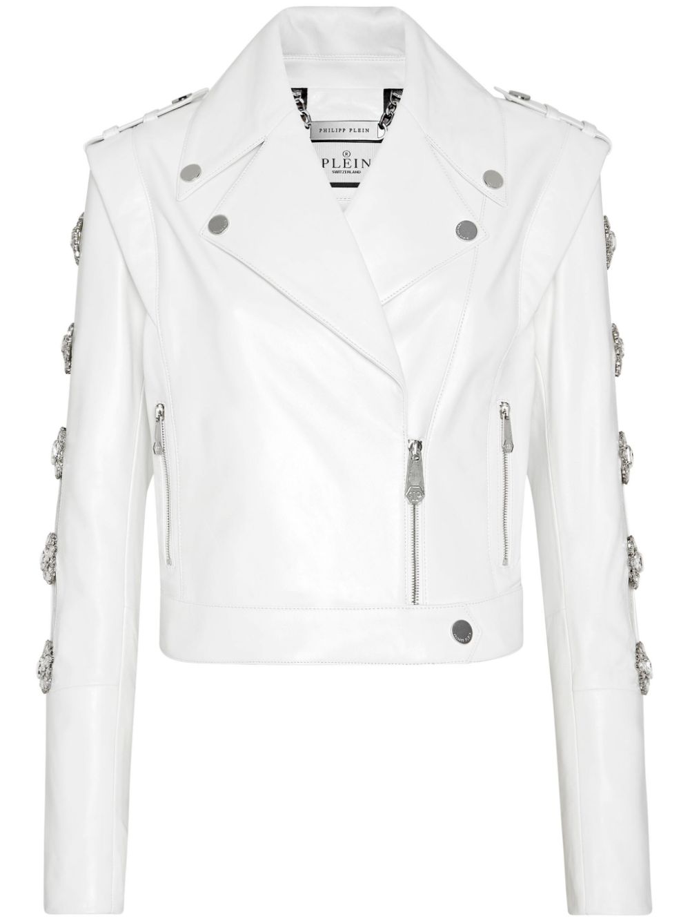 Crystal-embellished biker jacket - White