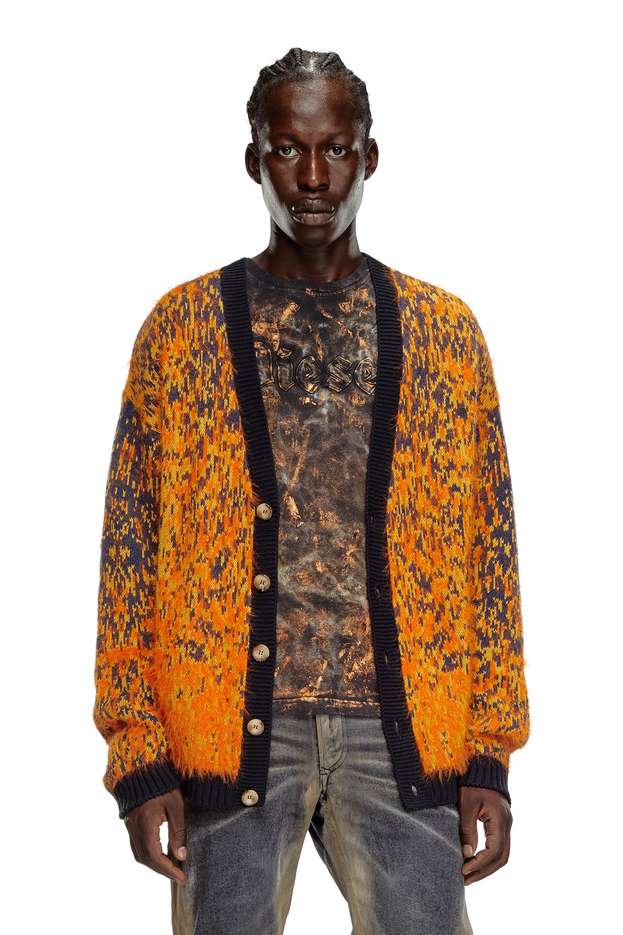 Fuzzy cardigan with abstract pattern - Knitwear - Man - Orange