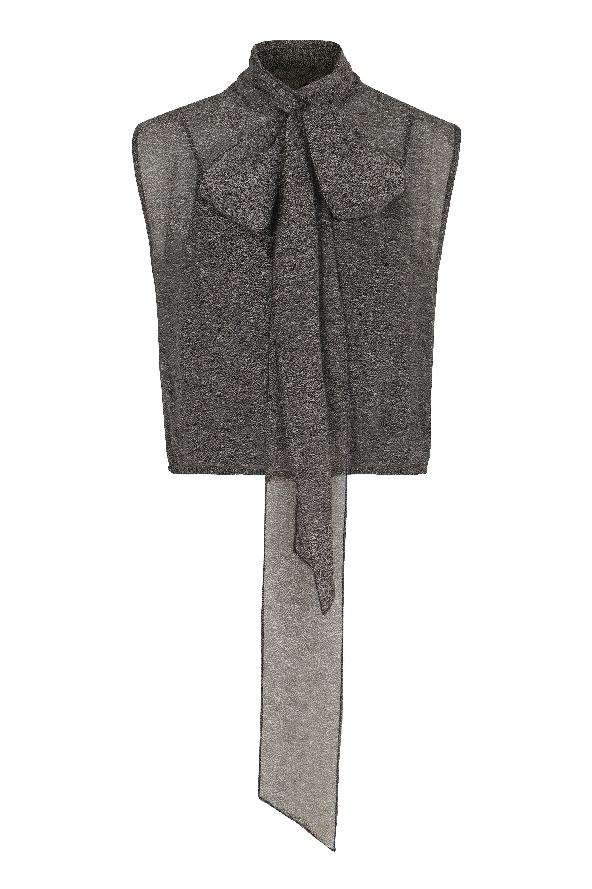 Silk Georgette Sleeveless Top with Long Floor-Tail Bow and Buttoned Print