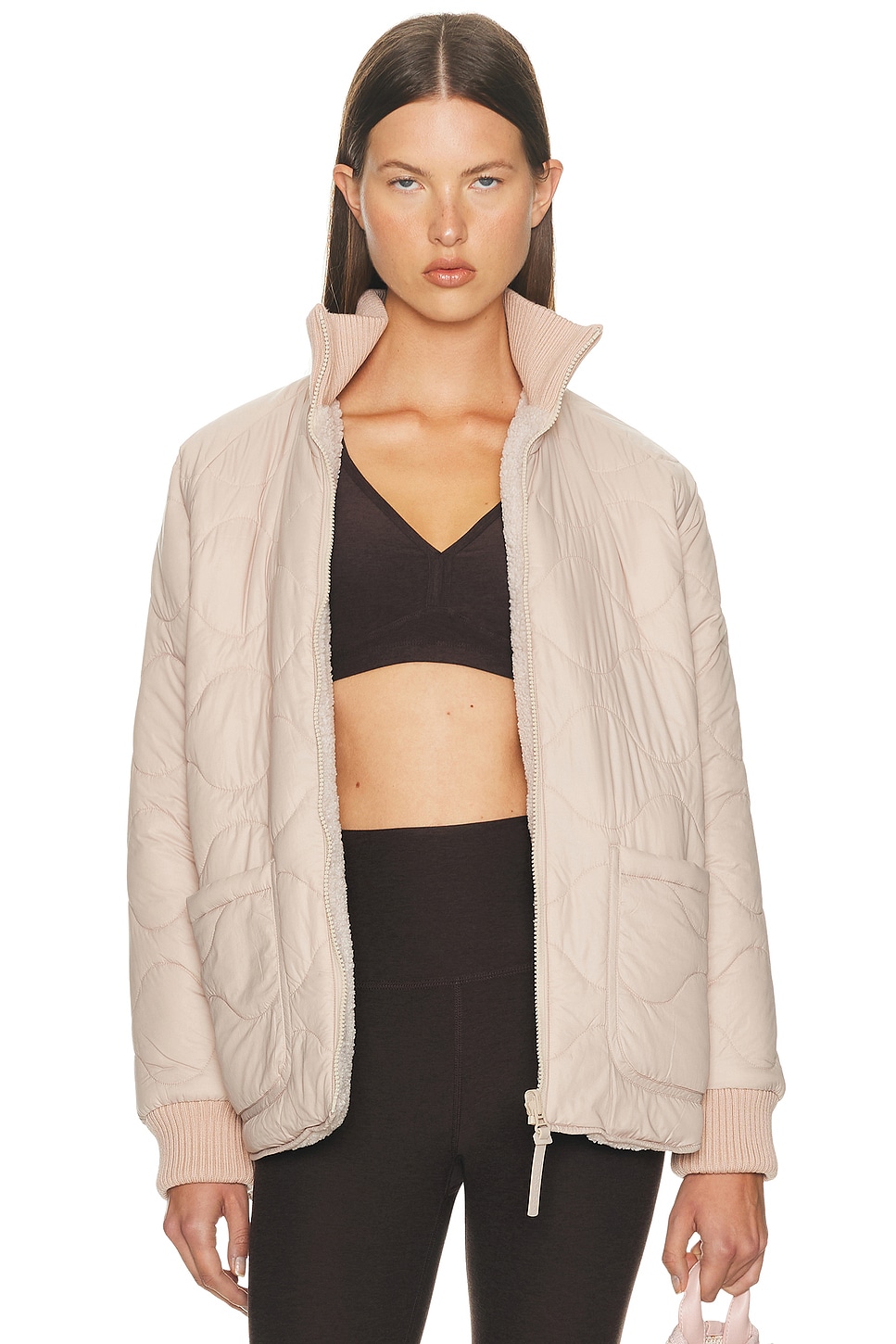 Beyond Yoga Reversible Quilted Fleece Jacket in Oat Latte - Nude. L also in