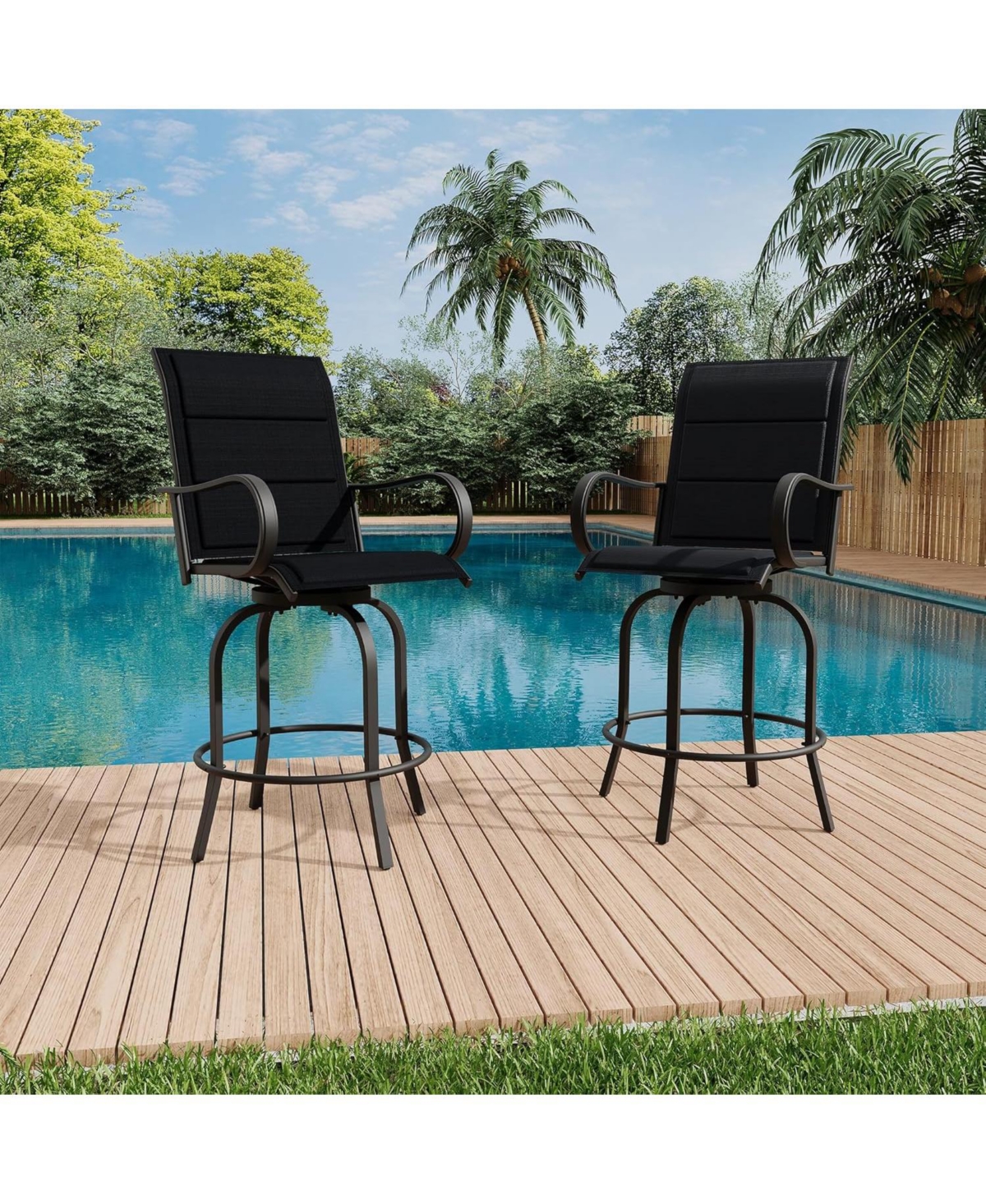 2 Piece Outdoor Swivel Bar Stools, High Back with Armrests, Counter Height for Deck Lawn Garden Backyard - Black