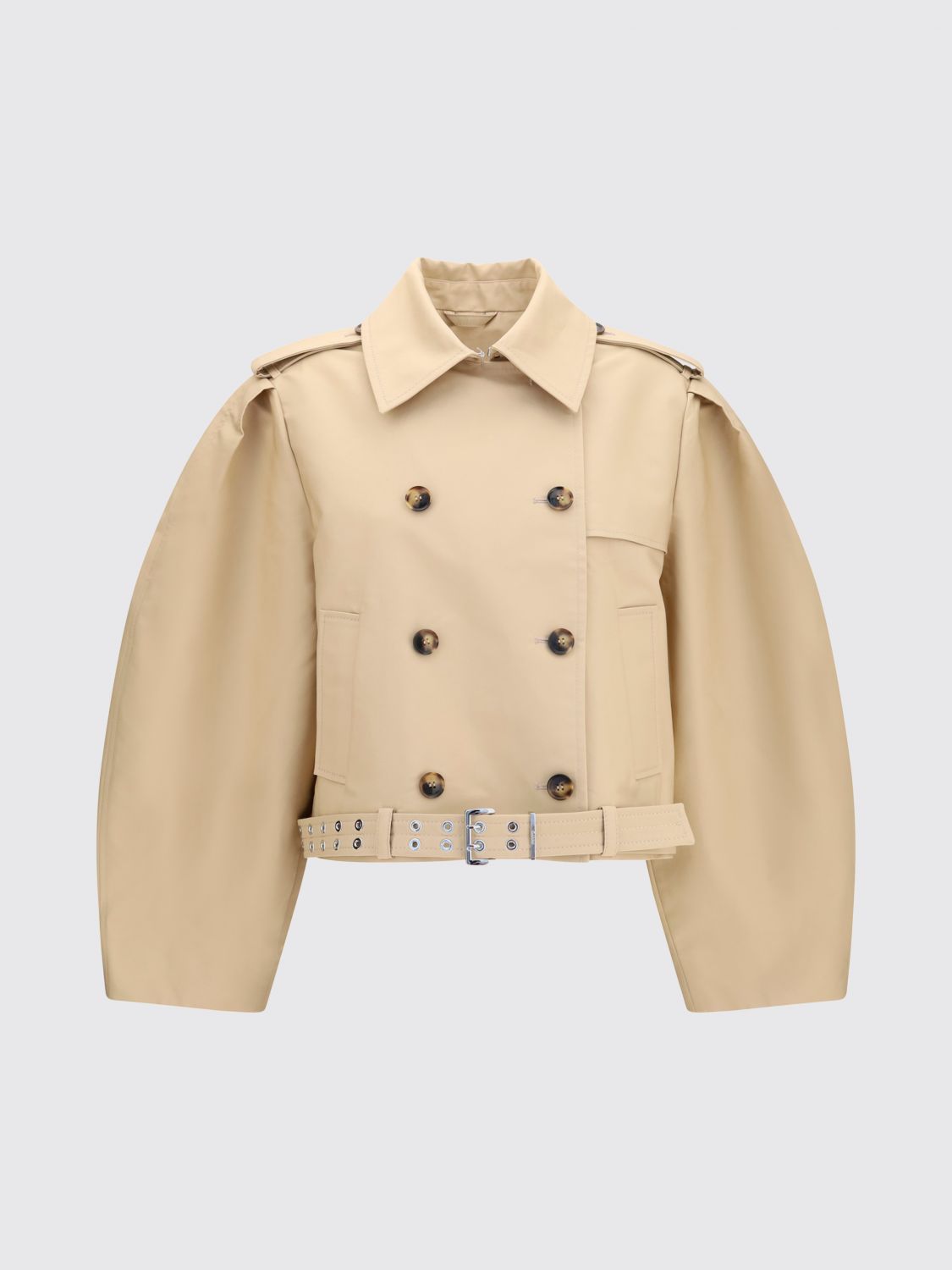 Cropped Double-Breasted Cotton Trench Coat with Balloon Sleeves