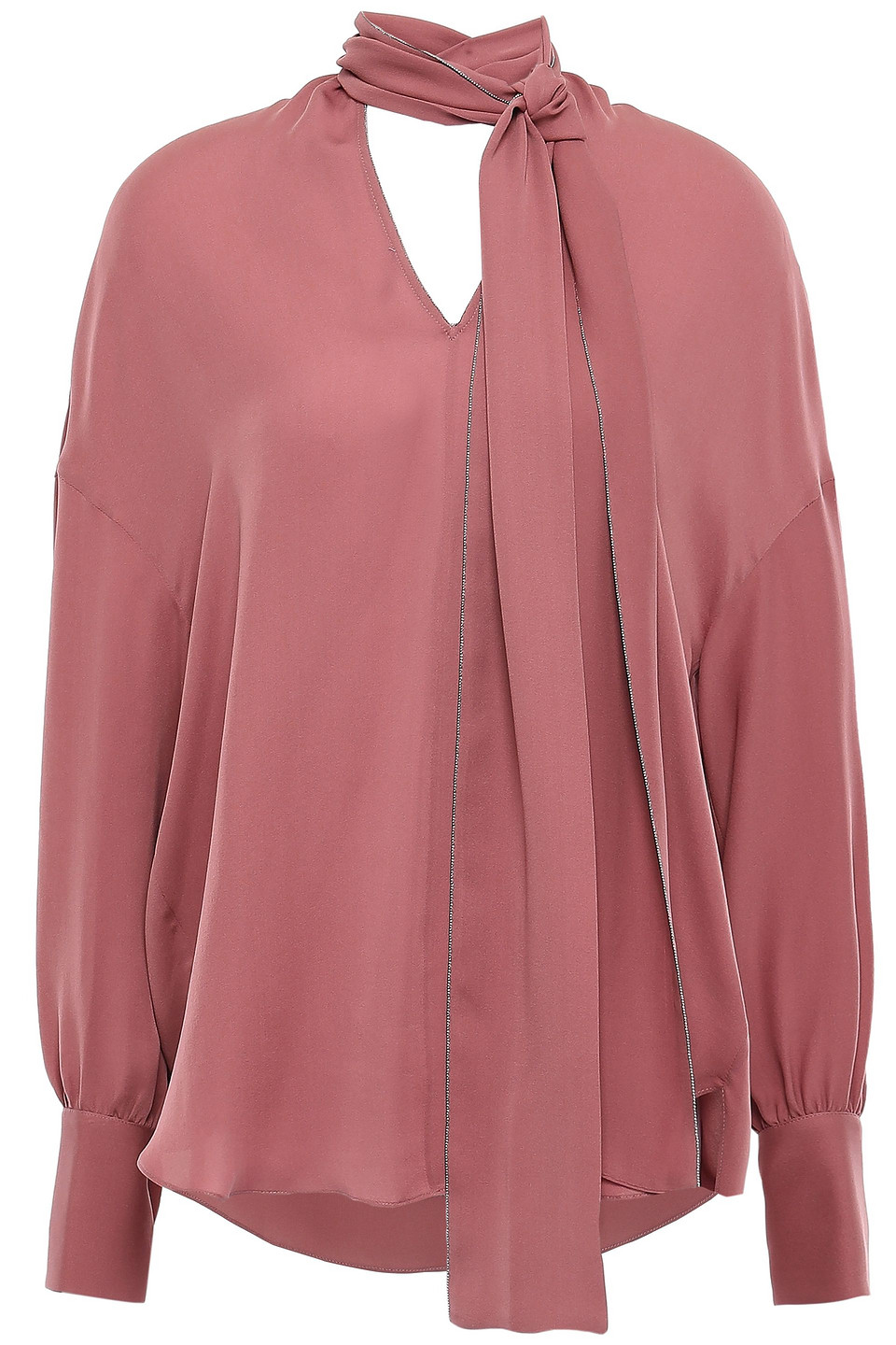 Tie-neck bead-embellished silk crepe de chine blouse - Pink - L