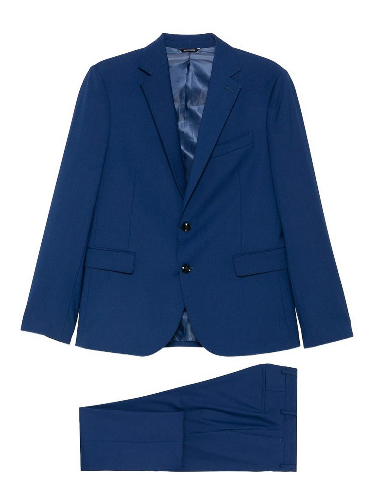 Suit in blue cotton featuring notched lapels