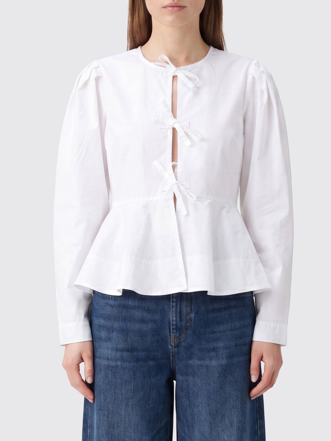 Cropped Cotton Jacket with Ruched Shoulders and Tie Fastening