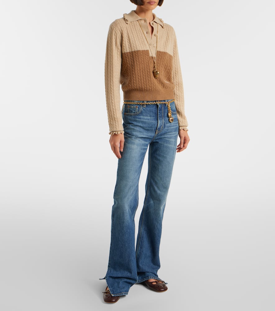 Chloé Cable-knit ruffled wool and cashmere polo sweater