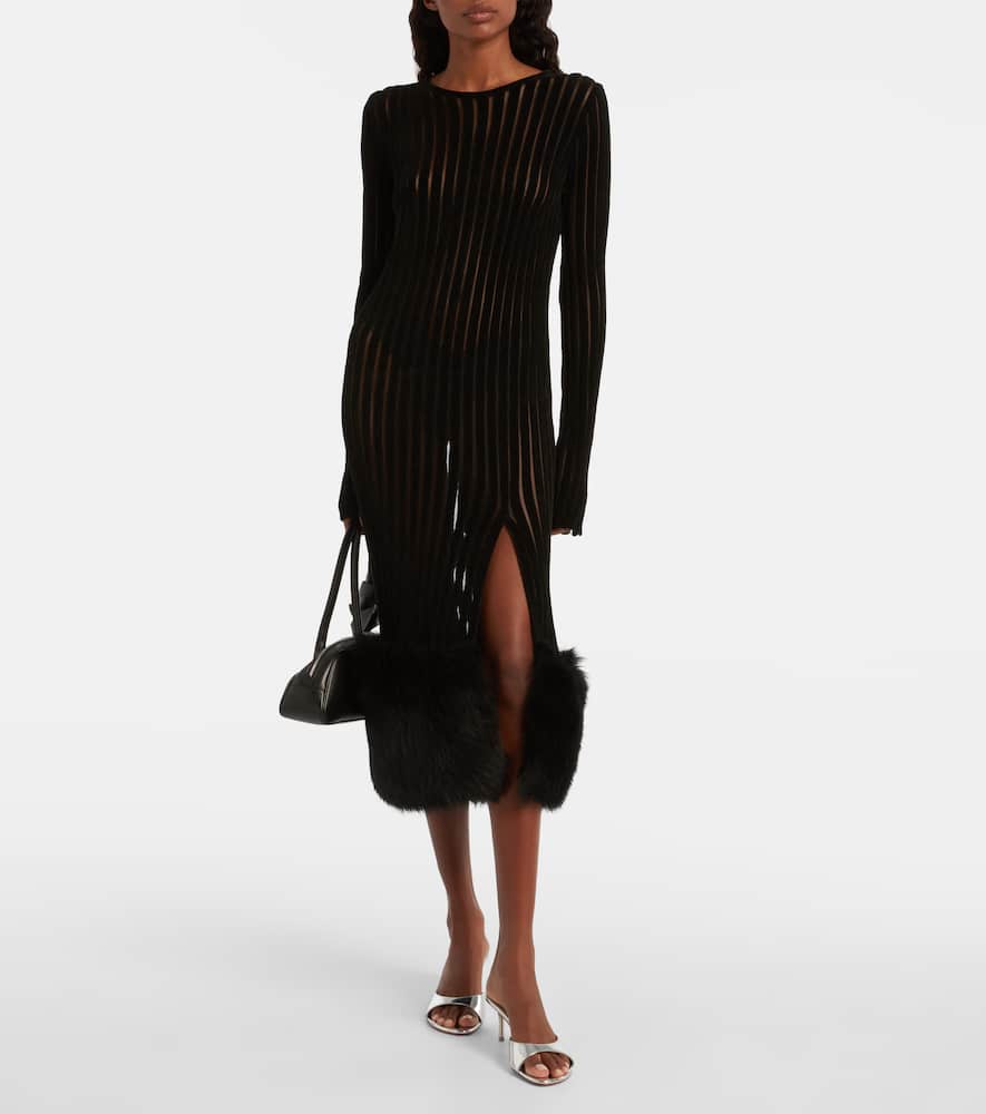 Knit faux fur-trimmed midi dress