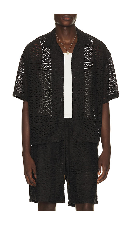 Honor The Gift Pointelle Crochet Camp Collar Shirt in Black - Black. L also in M, S, XL/1X, XXL/2X