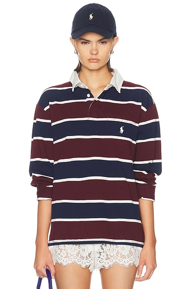 Polo Ralph Lauren Rugby Long Sleeve Polo T-Shirt in Harvard Wine Multi - Multi. S also in