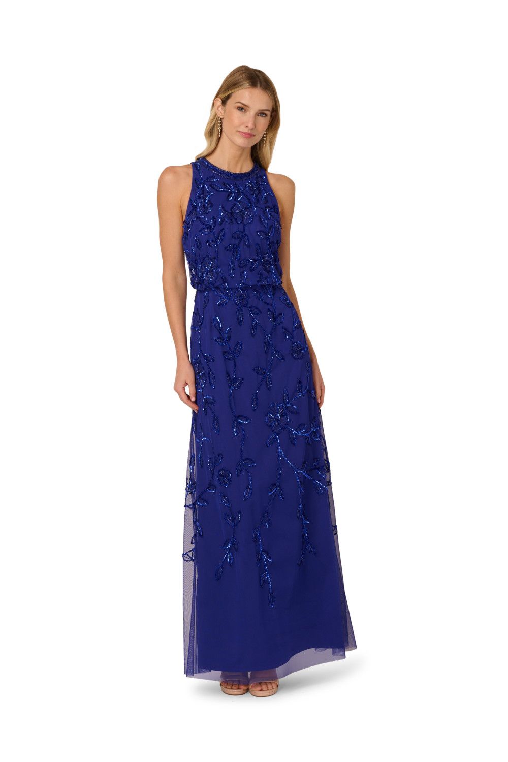 Adrianna Papell Women's Blouson Bead Long Dress in Blue